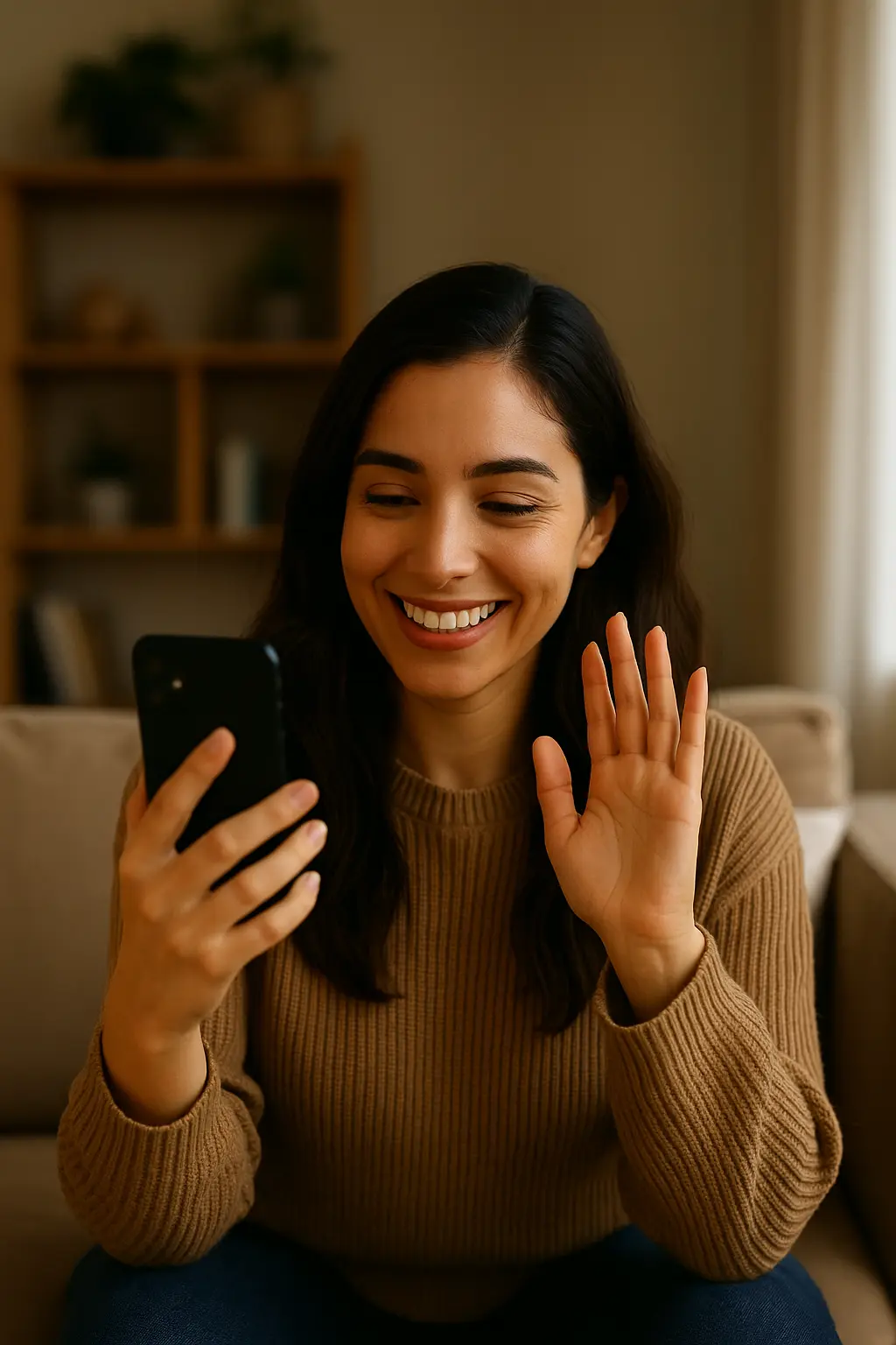 Mujer usando su teléfono para una consulta con Sana