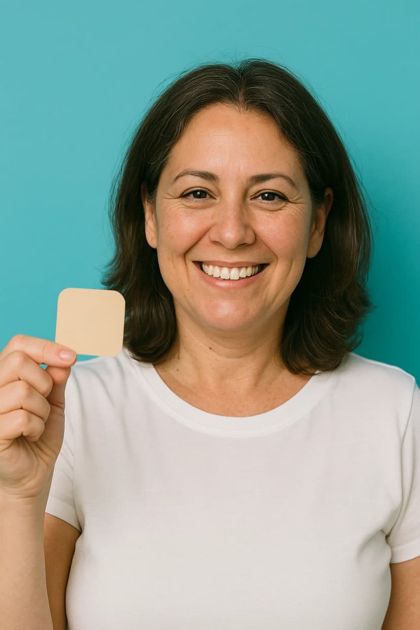 Mujer latina sosteniendo un parche anticonceptivo Sana