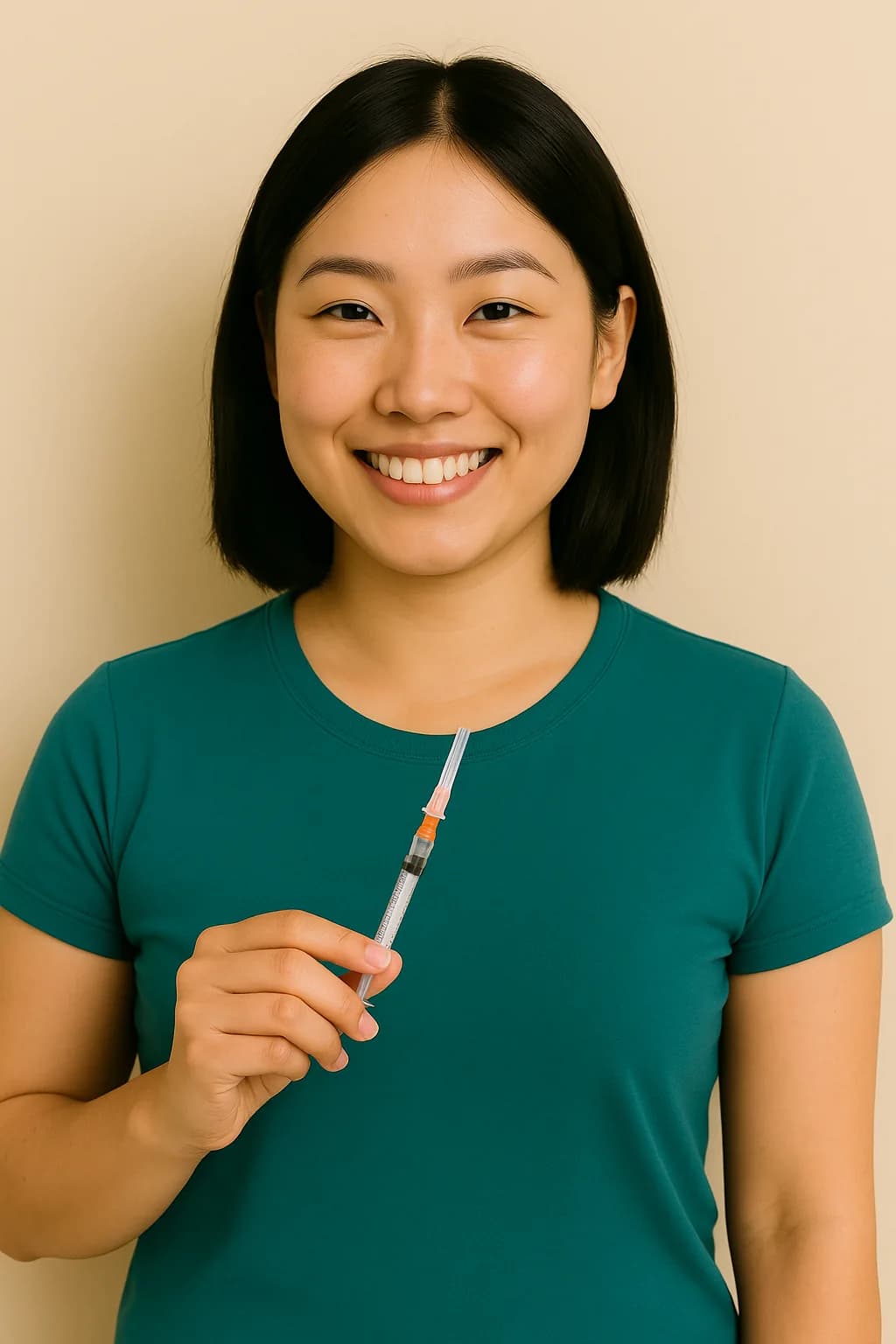 Mujer sosteniendo inyección anticonceptiva para prevenir el embarazo